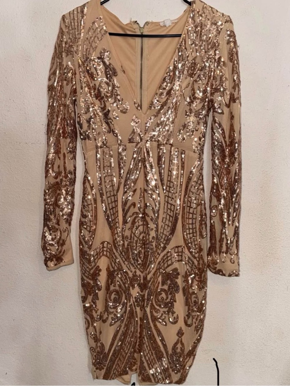 Long Sleeve Sequin Bodycon Dress in Nude